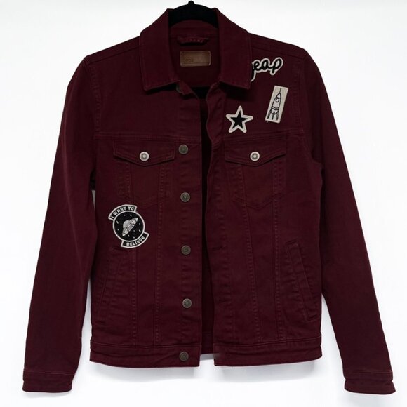 ASOS Space Patch Button Denim Jean Jacket Shacket Coat Retro Funky Pockets xs - Picture 1 of 7